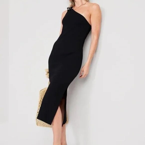 Old Navy Black One Shoulder Tie Ribbed Midi Dress with Side Slit and Shelf Bra - Picture 2 of 7